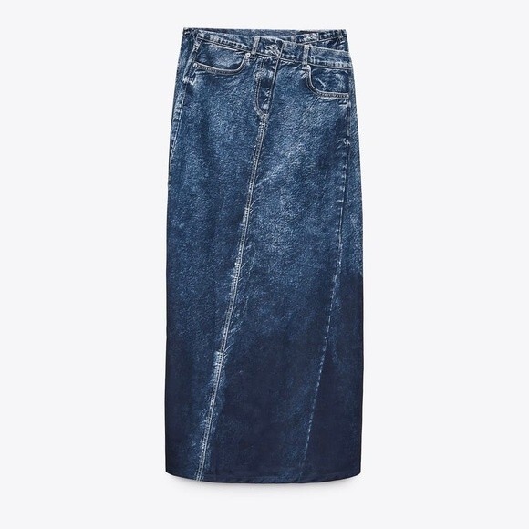 NEW ZARA Denim Effect blue high waisted midi skirt women's size medium - Picture 1 of 11